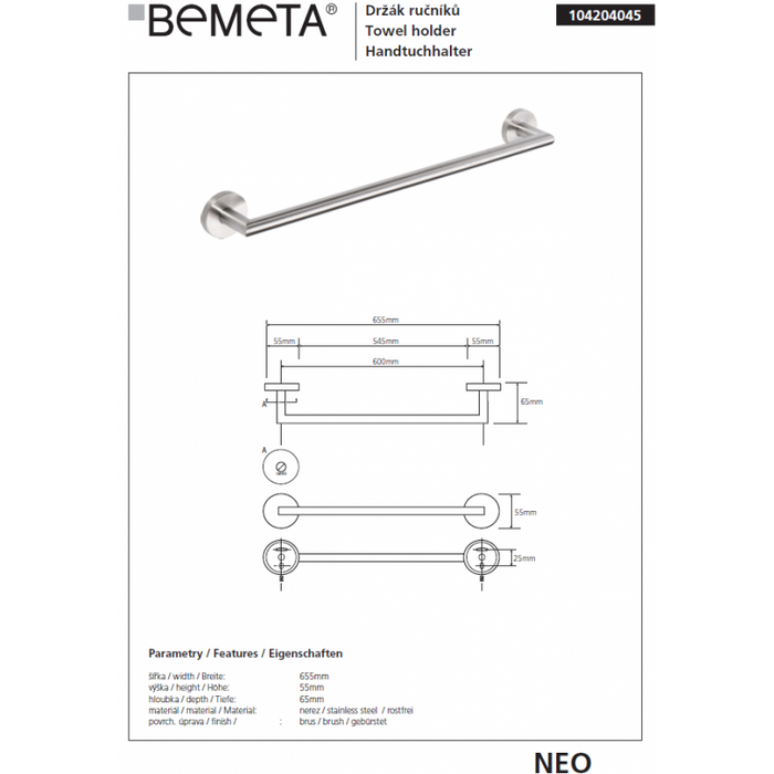 NEO Portasciugamani in acciaio inox 65x7x5,5cm