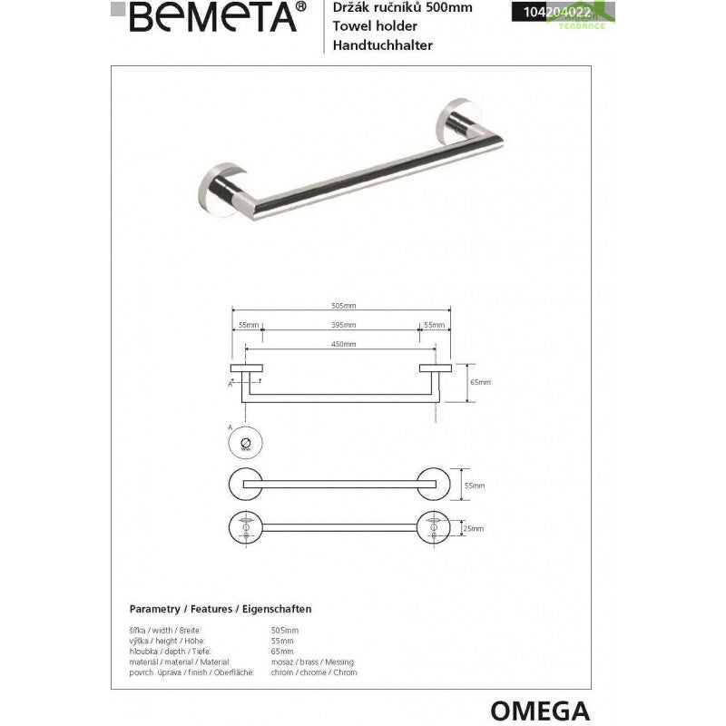 Portasciugamani a muro OMEGA ottone cromato 50,5x5,5x6,5cm
