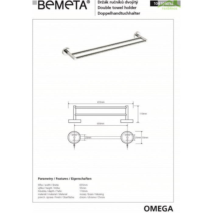 Portasciugamani doppio OMEGA ottone cromato 65,5x5,5x11 cm