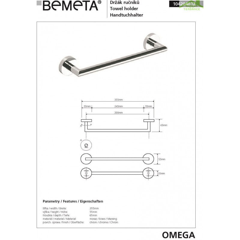 Portasciugamani a muro OMEGA ottone cromato 35,5x5,5x6,5cm