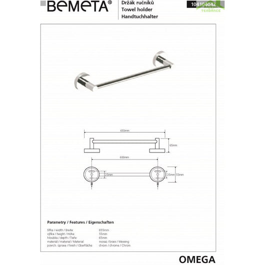 Portasciugamani a muro OMEGA ottone cromato 65,5x5,5x6,5 cm