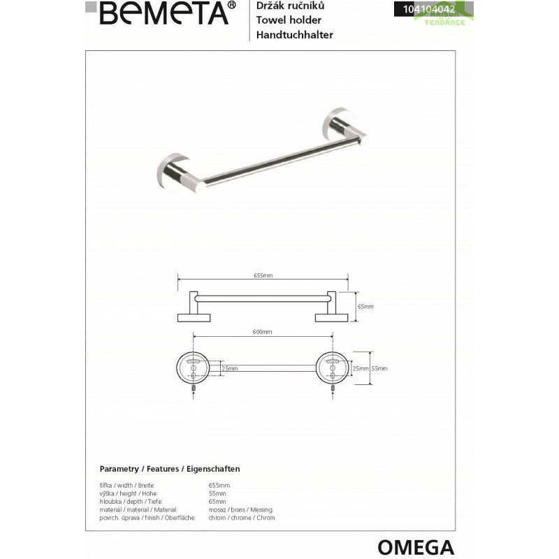 Portasciugamani a muro OMEGA ottone cromato 65,5x5,5x6,5 cm