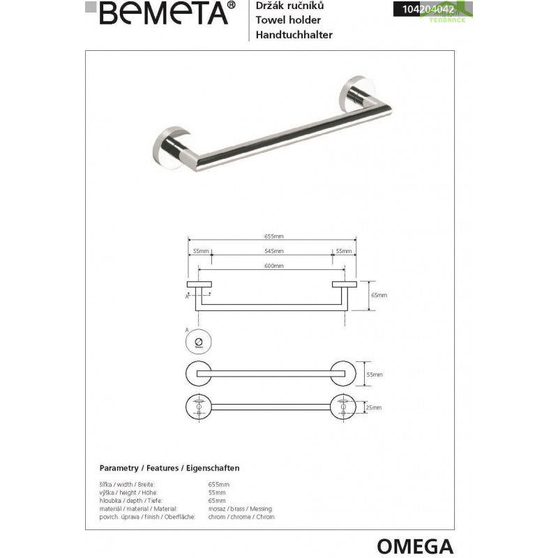 Portasciugamani a muro OMEGA ottone cromato 65,5x5,5x6,5cm
