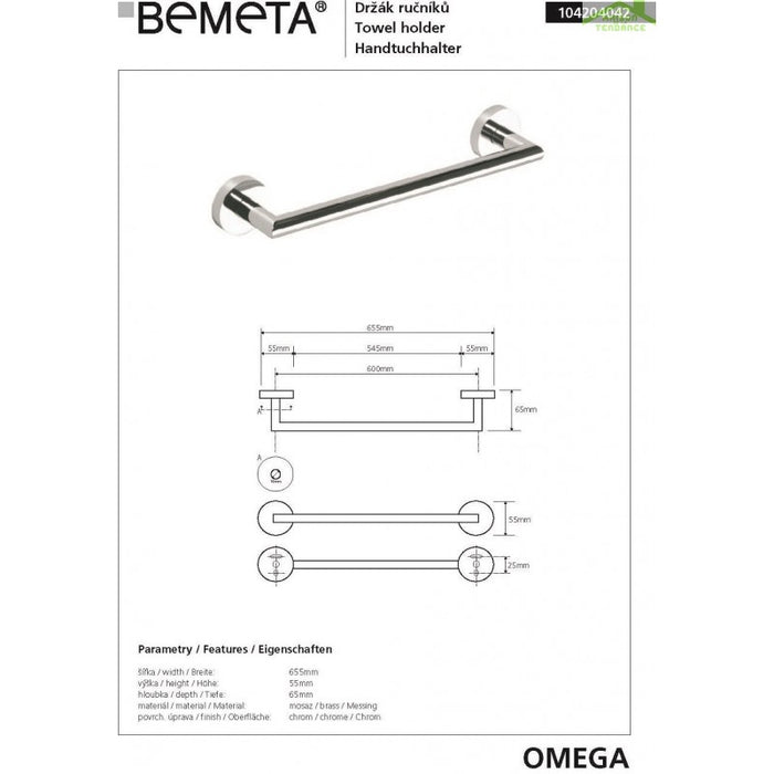 Portasciugamani a muro OMEGA ottone cromato 65,5x5,5x6,5cm