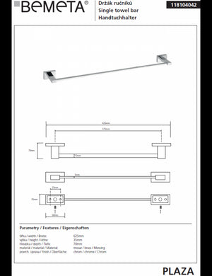 Portasciugamani cromato PLAZA 7x62,5x3,5 cm