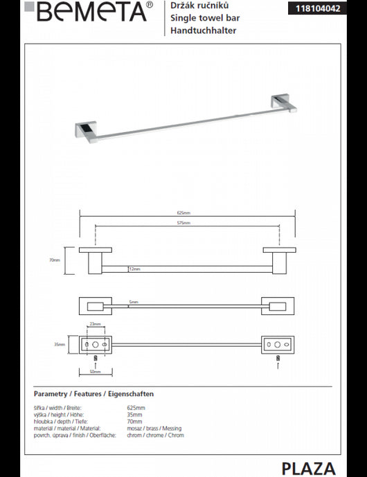 Portasciugamani cromato PLAZA 7x62,5x3,5 cm