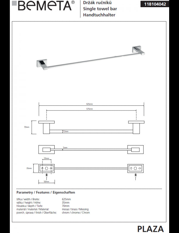 Portasciugamani cromato PLAZA 7x62,5x3,5 cm