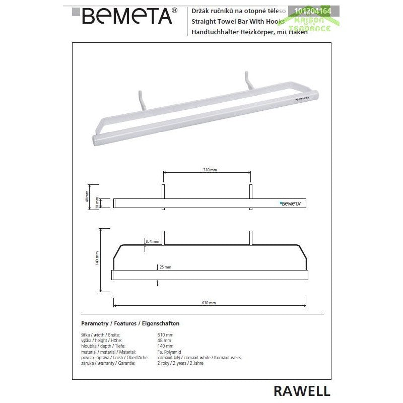 RAWELL portasciugamani comaxite bianco per radiatore 61x4,8x14 cm