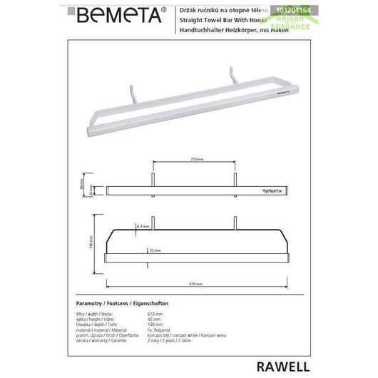 RAWELL portasciugamani comaxite bianco per radiatore 61x4,8x14 cm