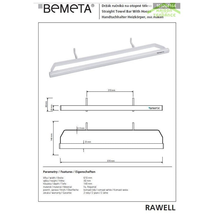 RAWELL portasciugamani comaxite bianco per radiatore 61x4,8x14 cm