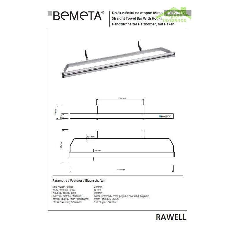 Portasciugamani RAWELL per radiatore in acciaio inox 61x4,8x14cm