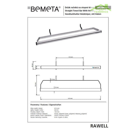 Portasciugamani RAWELL per radiatore in acciaio inox 61x4,8x14cm