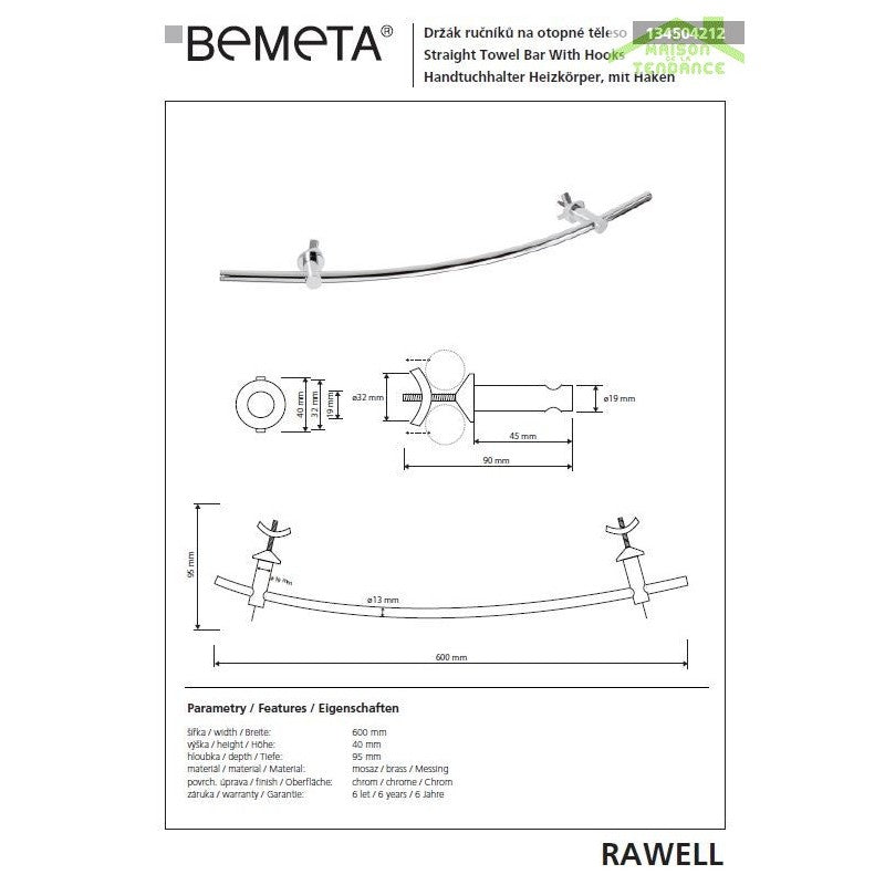 Porta asciugamani regolabile RAWELL in cromo per radiatore 60x4x9,5 cm