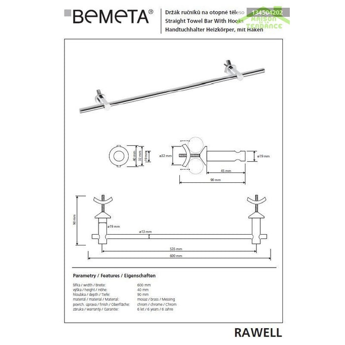 Porta asciugamani regolabile RAWELL in cromo per radiatore 60x4x9 cm