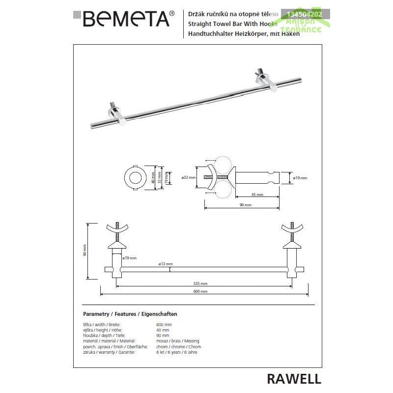 Porta asciugamani regolabile RAWELL in cromo per radiatore 60x4x9 cm