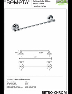 Portasciugamani RETRO in ottone cromato 66,5x6,5x6,5 cm