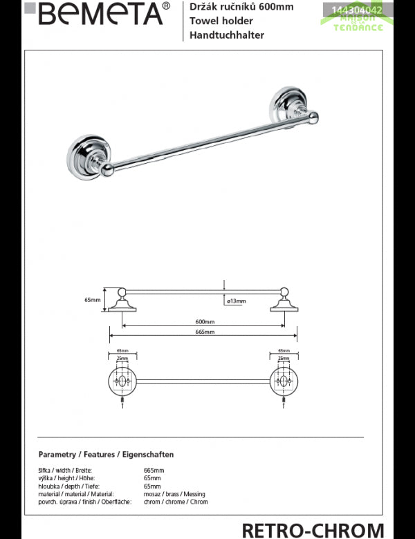 Portasciugamani RETRO in ottone cromato 66,5x6,5x6,5 cm