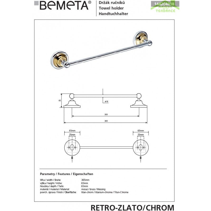 Portasciugamani RETRO in ottone cromato-oro 36,5x6,5x6,5 cm