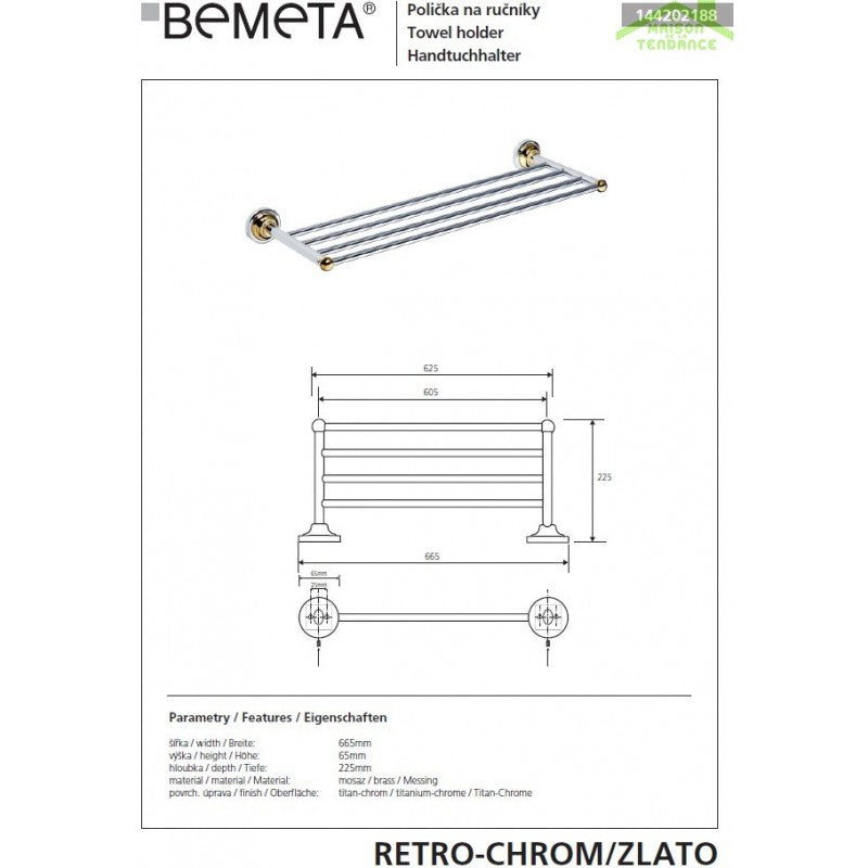 Portasciugamani RETRO in ottone cromato-oro 66,5x6,5x22,5 cm