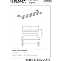Portasciugamani RETRO in ottone cromato-oro 66,5x6,5x22,5 cm