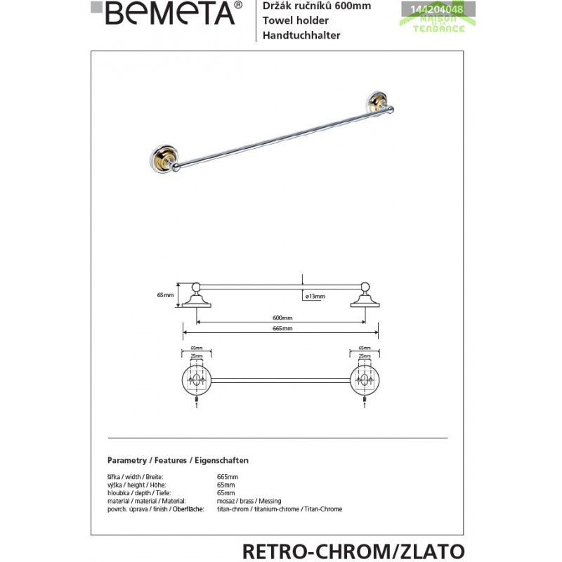 Portasciugamani RETRO in ottone cromato-oro 66,5x6,5x6,5 cm