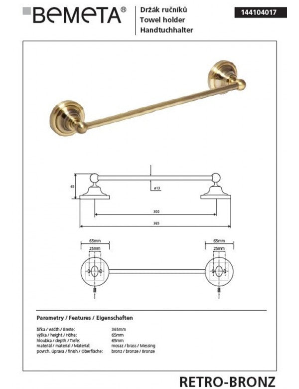 Portasciugamani RETRO in ottone 36,5x6,5x6,5 cm