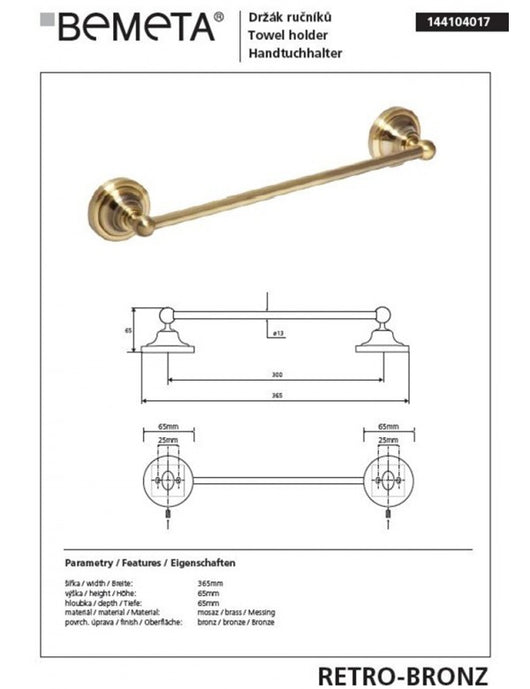 Portasciugamani RETRO in ottone 36,5x6,5x6,5 cm