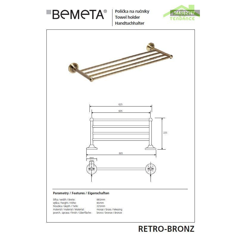 Portasciugamani RETRO in ottone 66,5x6,5x22,5 cm