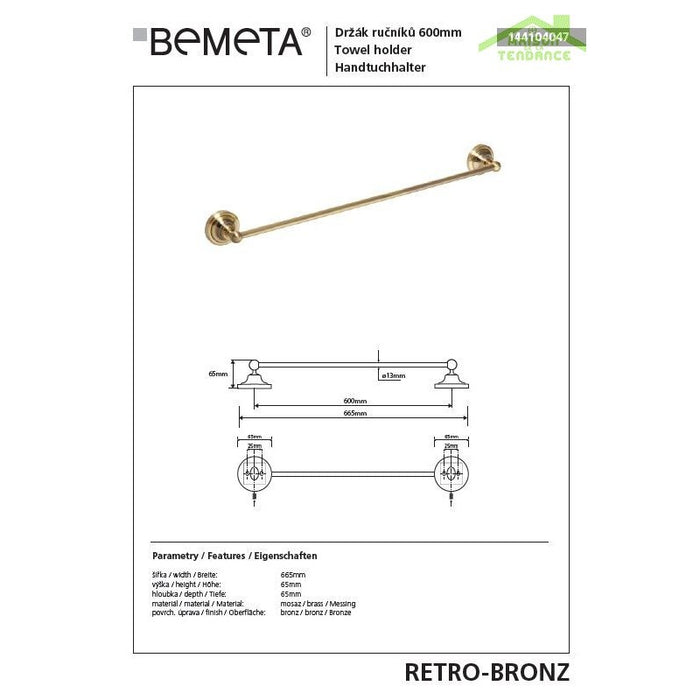 Portasciugamani RETRO in ottone 66,5x6,5x6,5 cm
