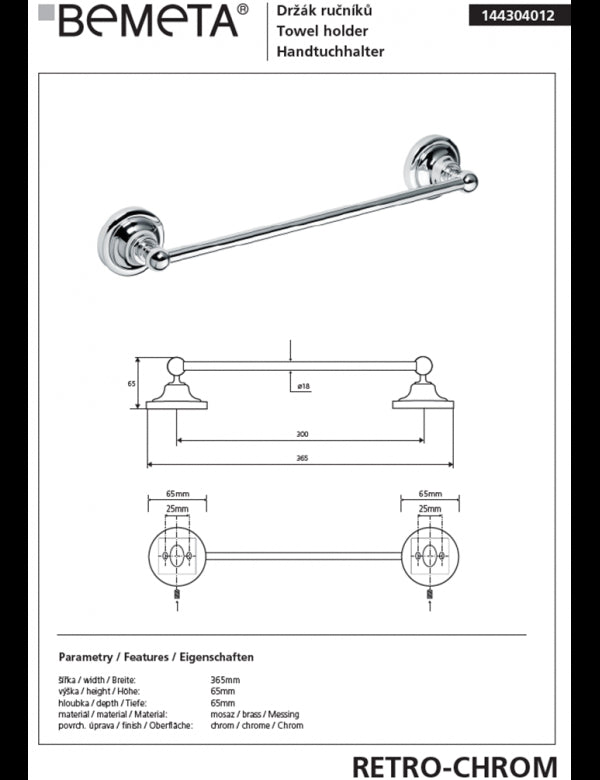 Portasciugamani RETRO in ottone cromato 36,5x6,5x6,5 cm