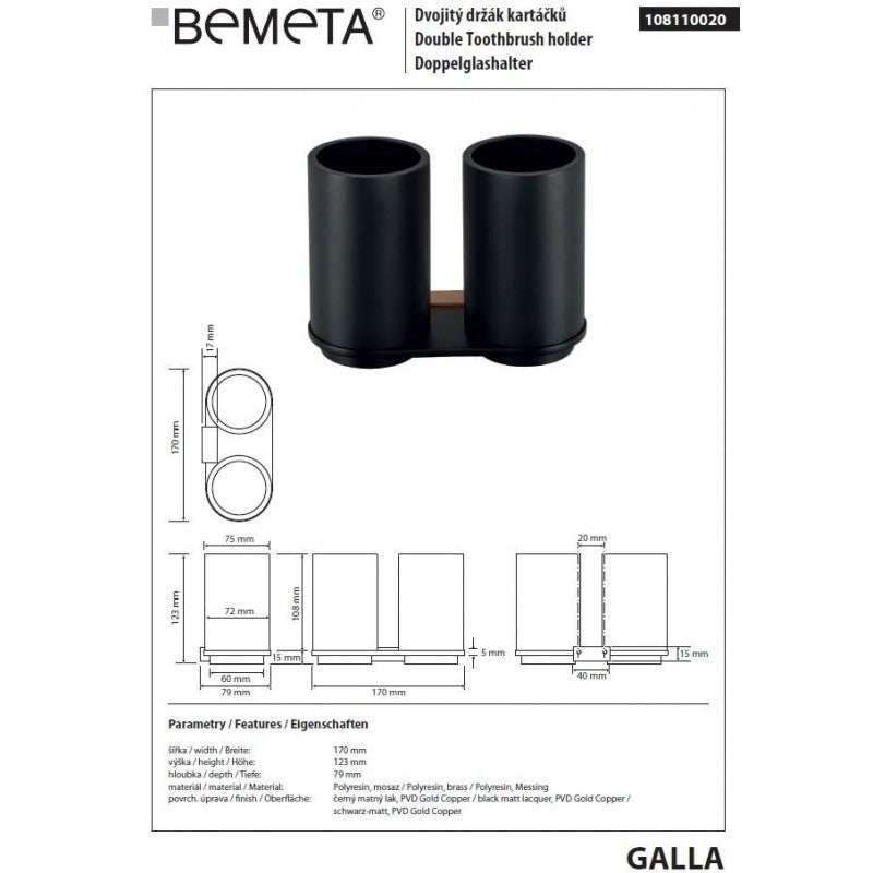 Portabicchieri doppio GALLA in ottone nero e oro 17 x12,3 x7,9 cm