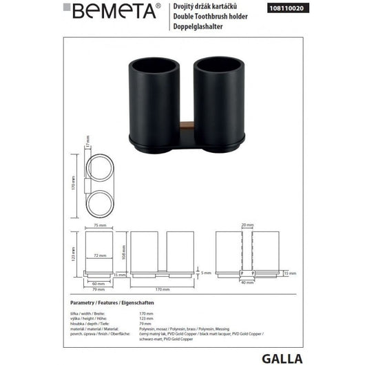 Portabicchieri doppio GALLA in ottone nero e oro 17 x12,3 x7,9 cm