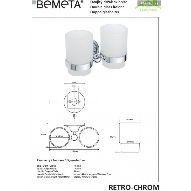 Portabicchieri doppio RETRO in ottone cromato e vetro 16x10,5x9 cm