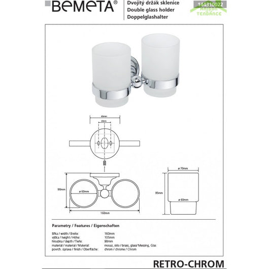 Portabicchieri doppio RETRO in ottone cromato e vetro 16x10,5x9 cm