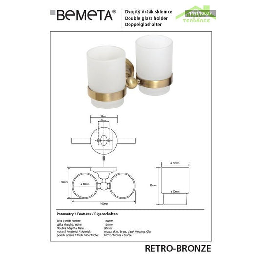 Portabicchieri doppio RETRO in ottone e vetro 16x10,5x9 cm