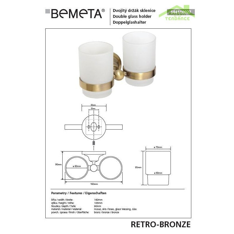 Portabicchieri doppio RETRO in ottone e vetro 16x10,5x9 cm