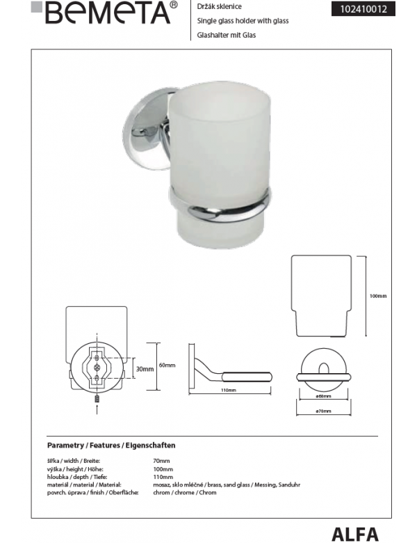 ALFA portabicchieri da parete in zinco con vetro 10cm x 11cm x7cm