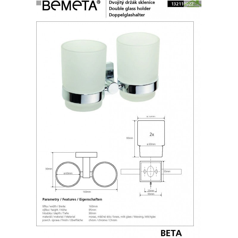 Portabicchieri a doppia parete in ottone cromato e vetro BETA 16x9,5x9cm
