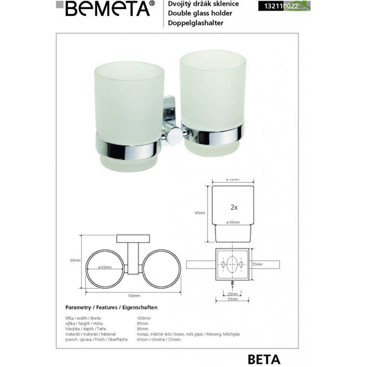 Portabicchieri a doppia parete in ottone cromato e vetro BETA 16x9,5x9cm