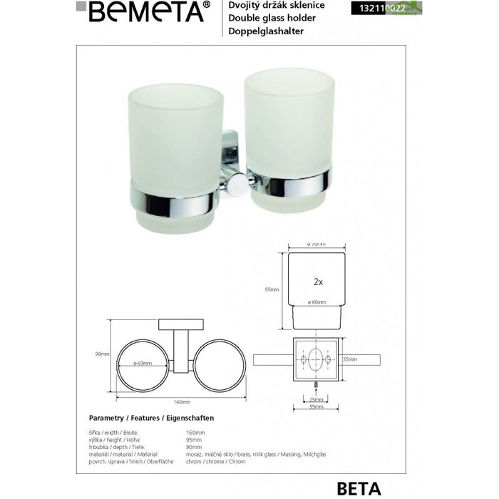 Portabicchieri a doppia parete in ottone cromato e vetro BETA 16x9,5x9cm