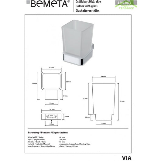 Portabicchieri da parete in ottone cromato e vetro VIA 6,4 x10 x9,7 cm