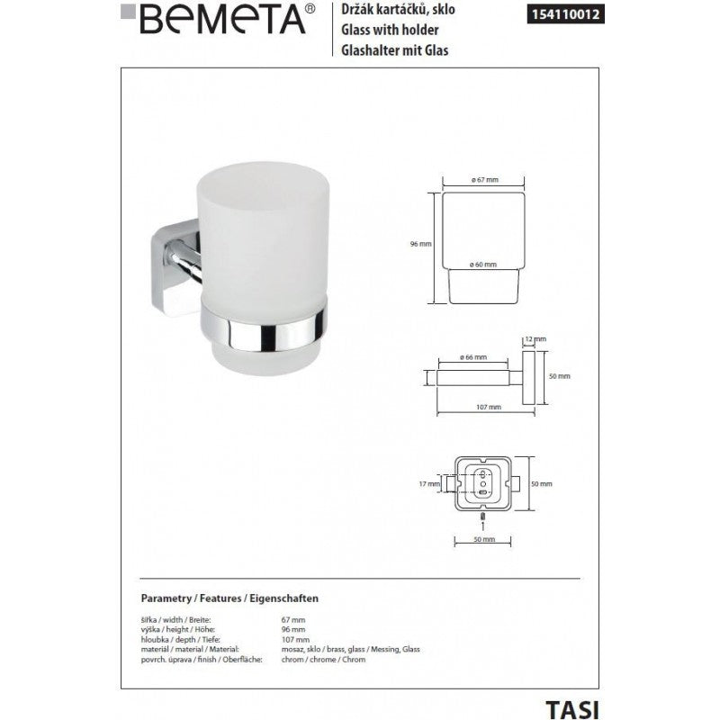 Portabicchieri da parete TASI in ottone cromato e vetro 6,7 x9,6 10,7 cm