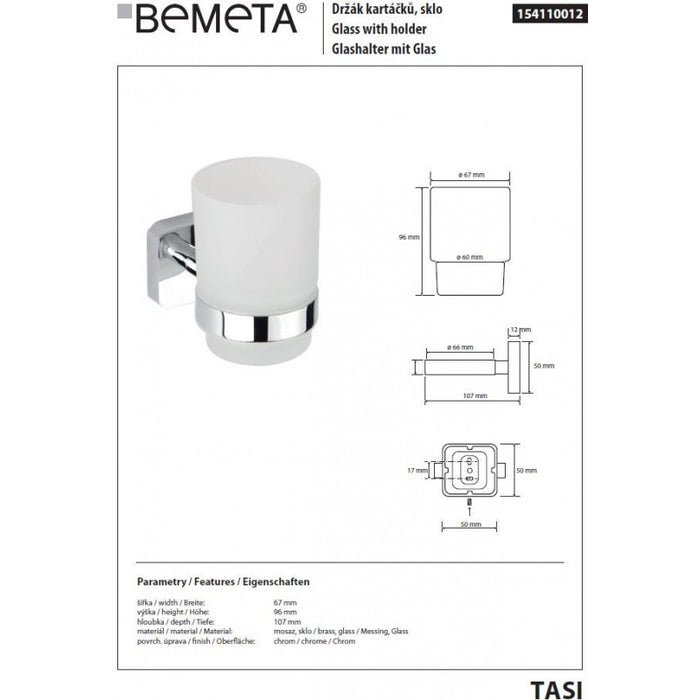 Portabicchieri da parete TASI in ottone cromato e vetro 6,7 x9,6 10,7 cm