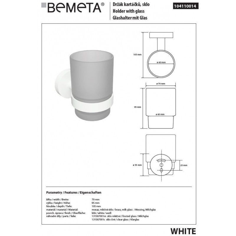 Portabicchieri da parete BIANCO in ottone bianco e vetro 7x9,5x10,5cm