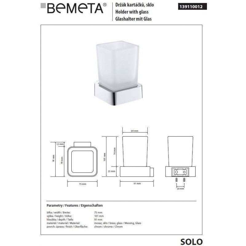 Portabicchieri SOLO in ottone cromato e vetro 7,5 x10,1 x9,1 cm