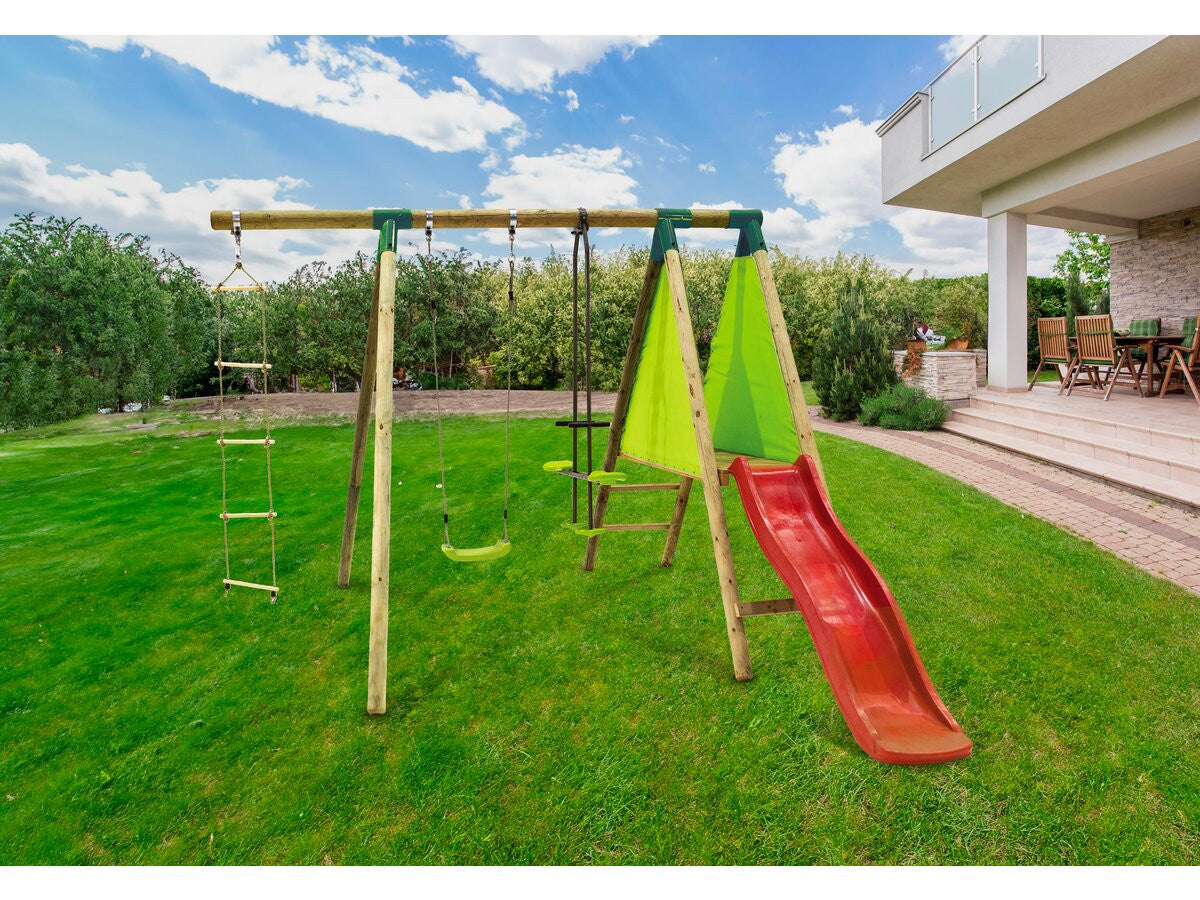 Altalena in legno "Balanga" - Con 1 scivolo - 1 altalena - 1 faccia a faccia - 1 navicella.