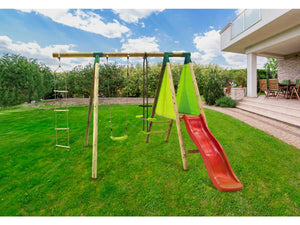 Altalena in legno "Balanga" - Con 1 scivolo - 1 altalena - 1 faccia a faccia - 1 navicella.
