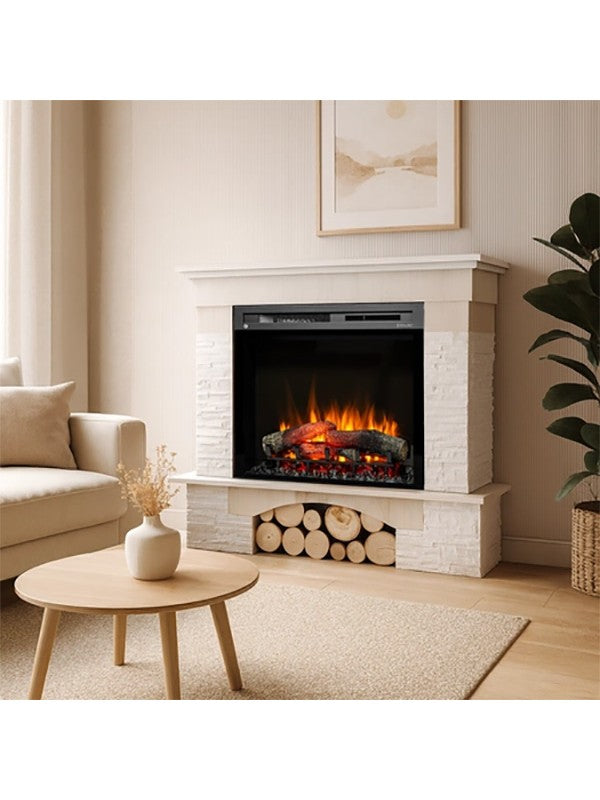 Camino Elettrico Riscaldante Da Pavimento Autoportante a LED - 28" - Pino bianco - 114 x 98 x 32 - PORTO