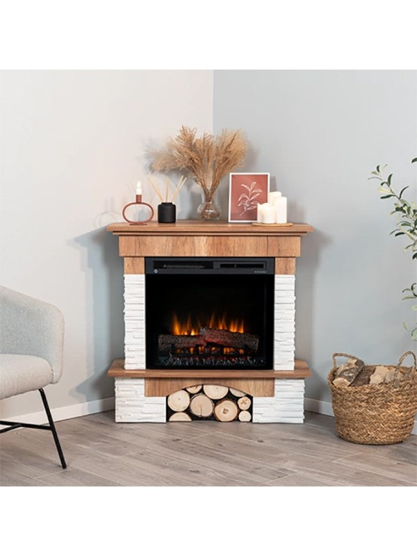 Caminetto Elettrico Angolare A Libera Installazione Riscaldante Da Pavimento Autoportante a LED- 23" - Rovere chiaro - 91 x 89 x 76,5 - PORTO