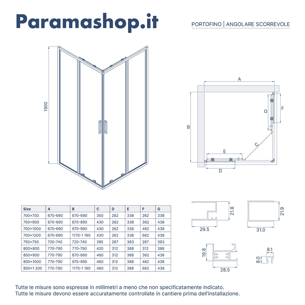 Box doccia angolare 70x70cm con profili cromati slim vetro 6mm trasparente h190 | Portofino